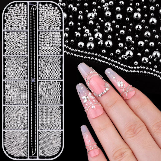1-3MM Mini Small Nail Beads Metal Caviar Bead Silver Nail Charms and Gems Ball, Nail Chain for Nail