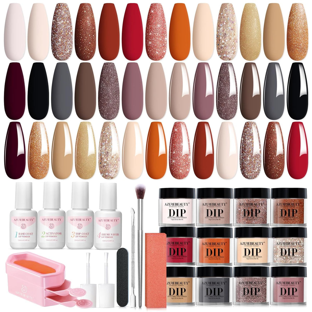 AZUREBEAUTY Fall Dip Powder Nail Kit 20 Colors Glitter Nude Black Grey Winter 31 Pcs Dip Powder