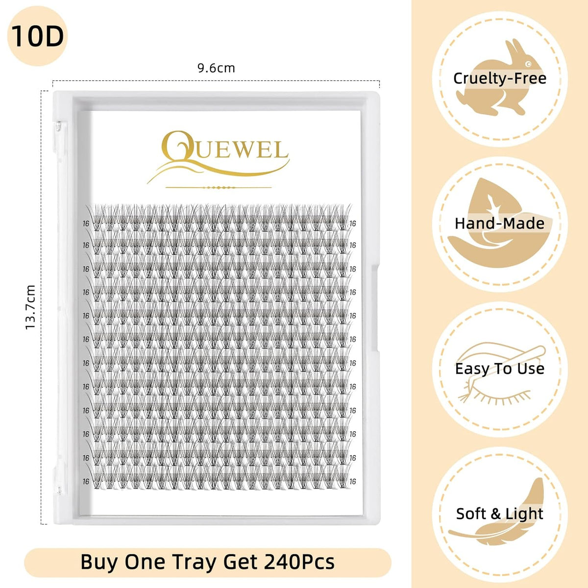 QUEWEL Cluster Lashes 240Pcs Individual Lashes 10D 0.10C Curl 16mm Knot-Free Lash Extensions