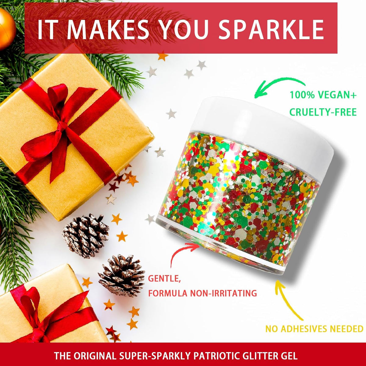 Christmas Glitter Gel for Body, Face, Hair and Lip, Color Changing Glitter Gel Under Light