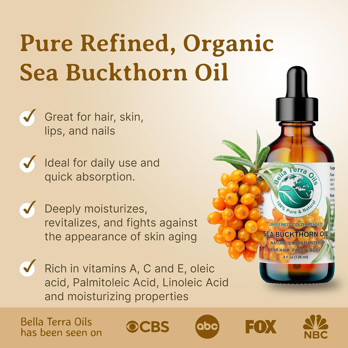 Bella Terra Oils - Sea Buckthorn Oil 4 oz - Unlock the Gold Standard in Skincare, Infused with