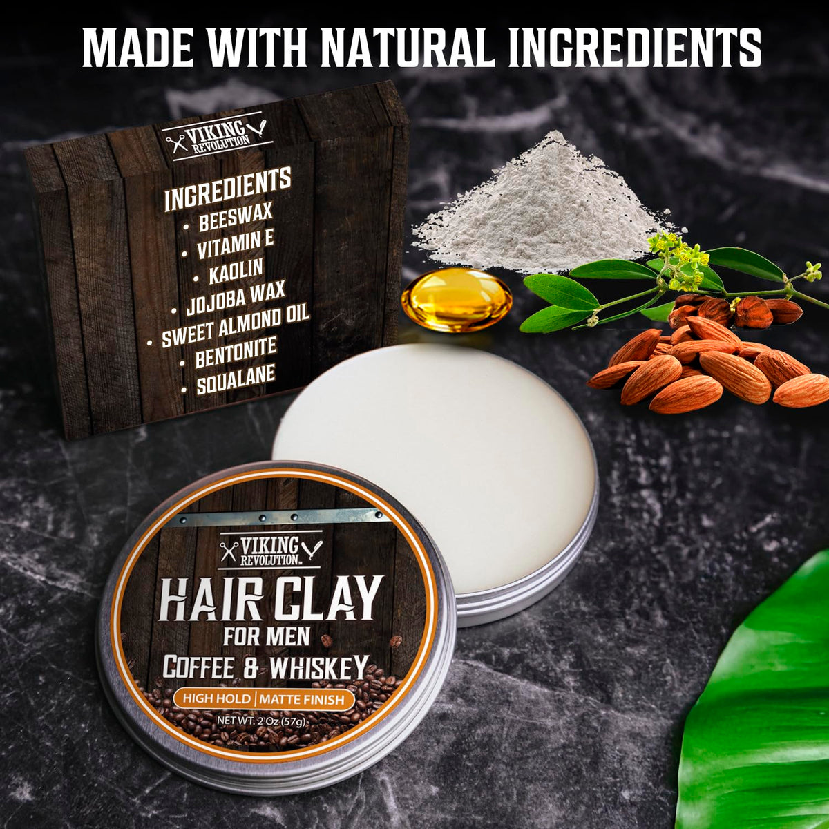 Viking Revolution Coffee & Whiskey Hair Clay for Men - Matte Finish, Texturizing Clay Pomade for