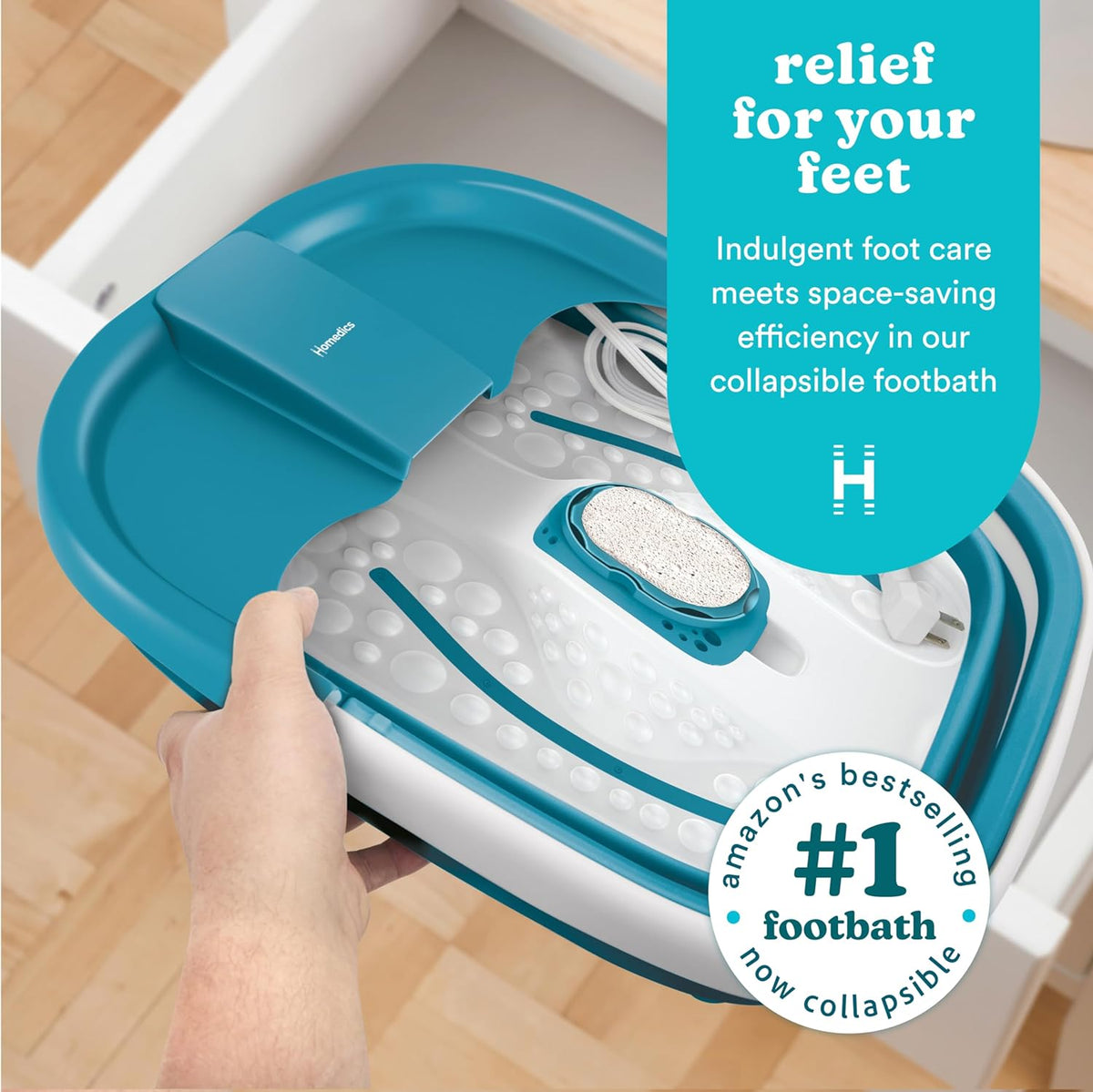 Homedics Smart Space Bubble Mate Collapsible Foot Spa, Heat-Maintaining, Bubble Massage with Pumice