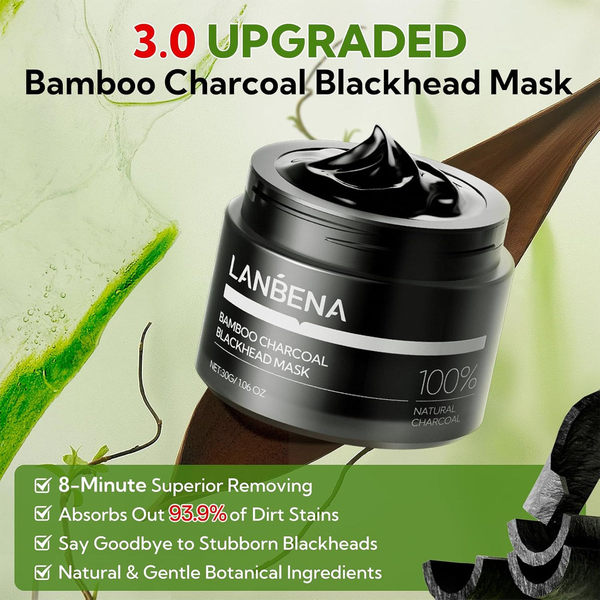 LANBENA Upgraded 2.0 Bamboo Charcoal Blackhead Remover Mask, 60 pcs Nose Strips, Peel off Face Mask