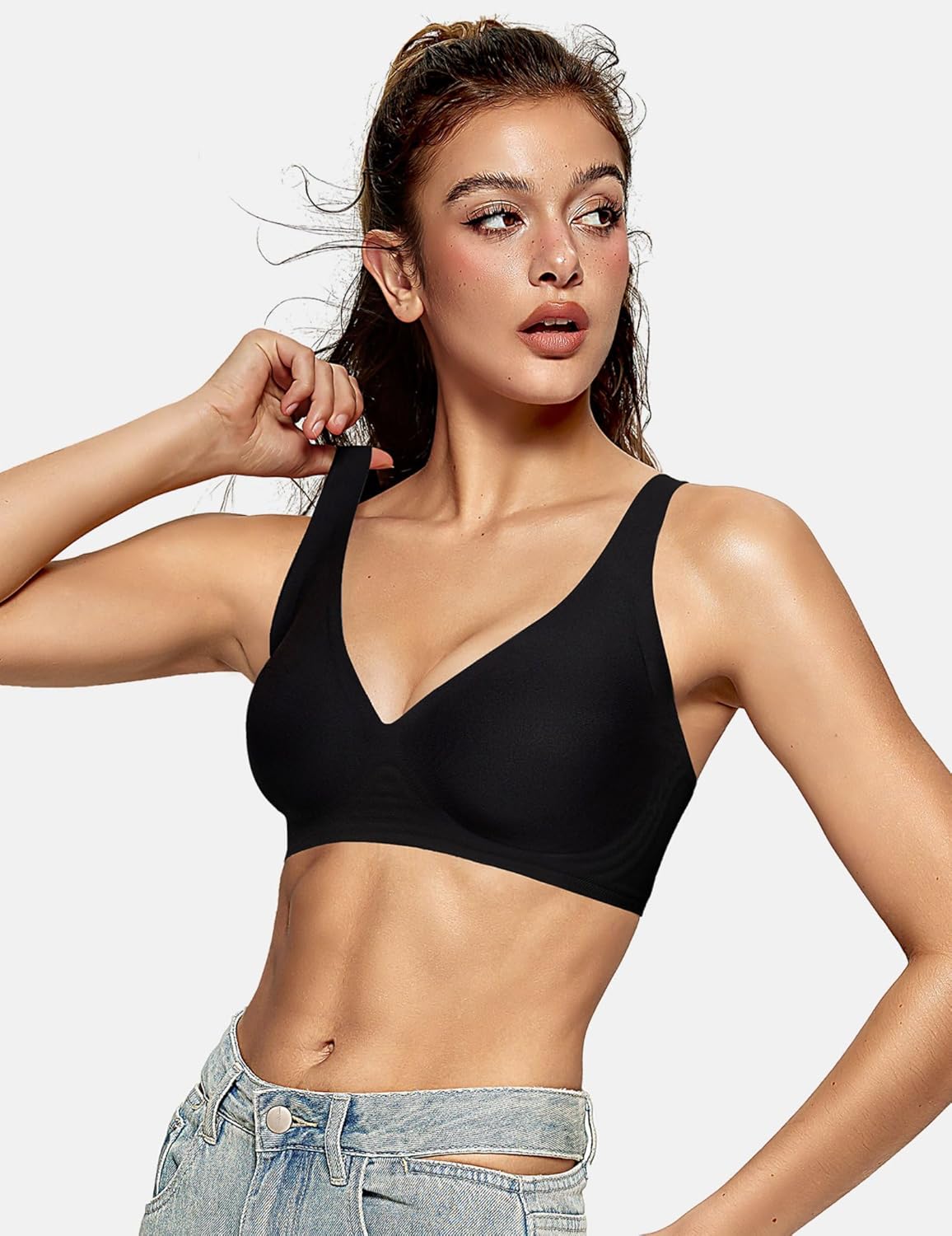 OEAK Womens Deep V Bras Wireless Comfortable Bra Supportive No Underwire Bras Tshirt Push Up