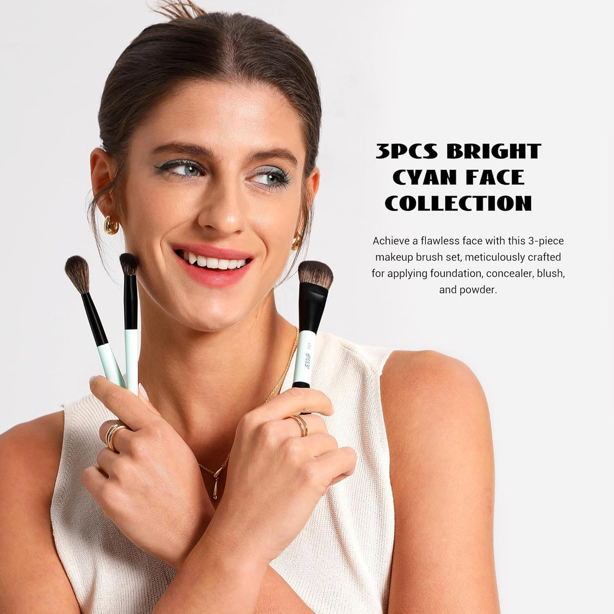 Jessup Face Makeup Brushes Blue 3pcs Double Ended Makeup Brush for Foundation Contour Blush