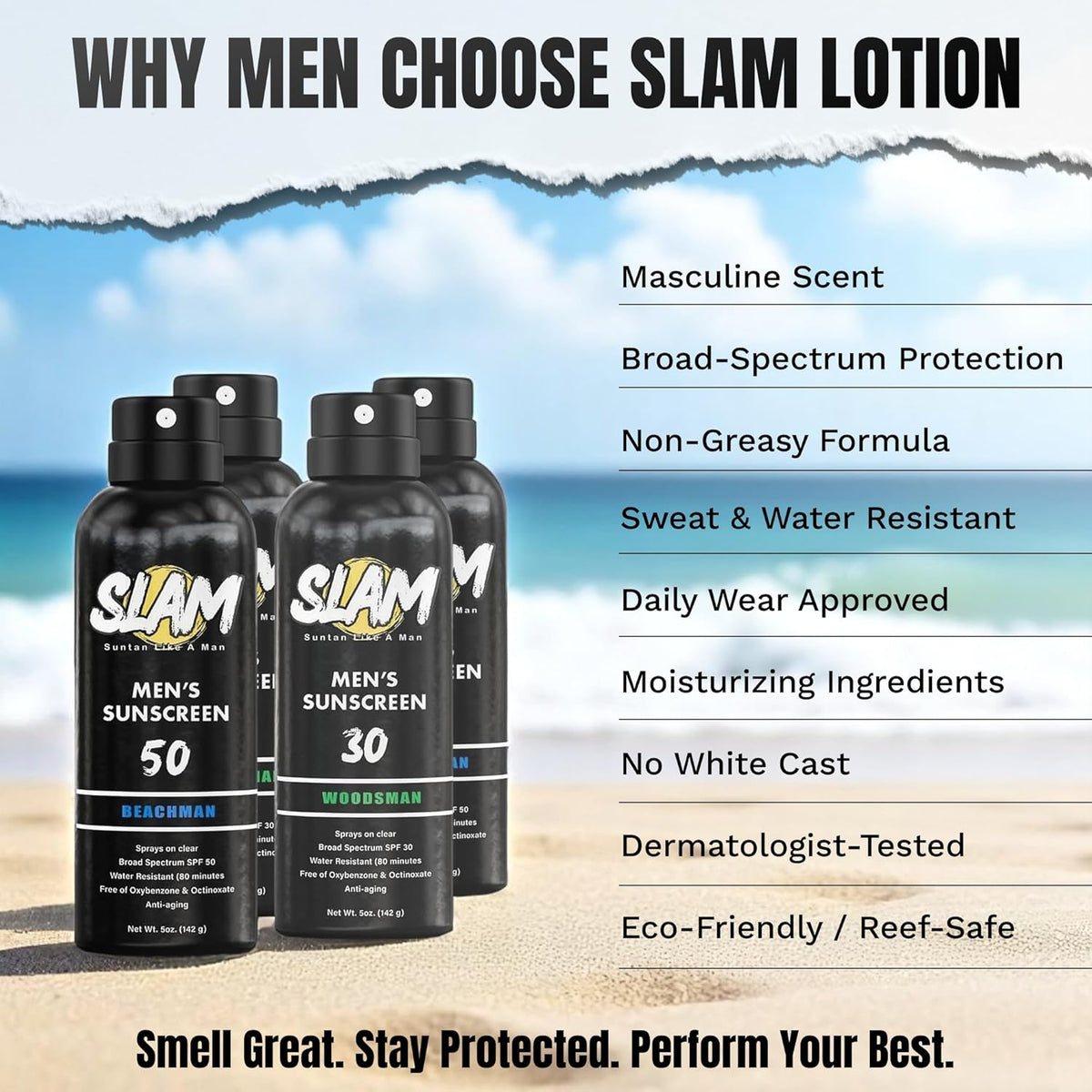 SLAM WoodsMan Men's Scented Sunscreen Spray SPF 30 – Broad Spectrum Sun Screen Spray for Face &
