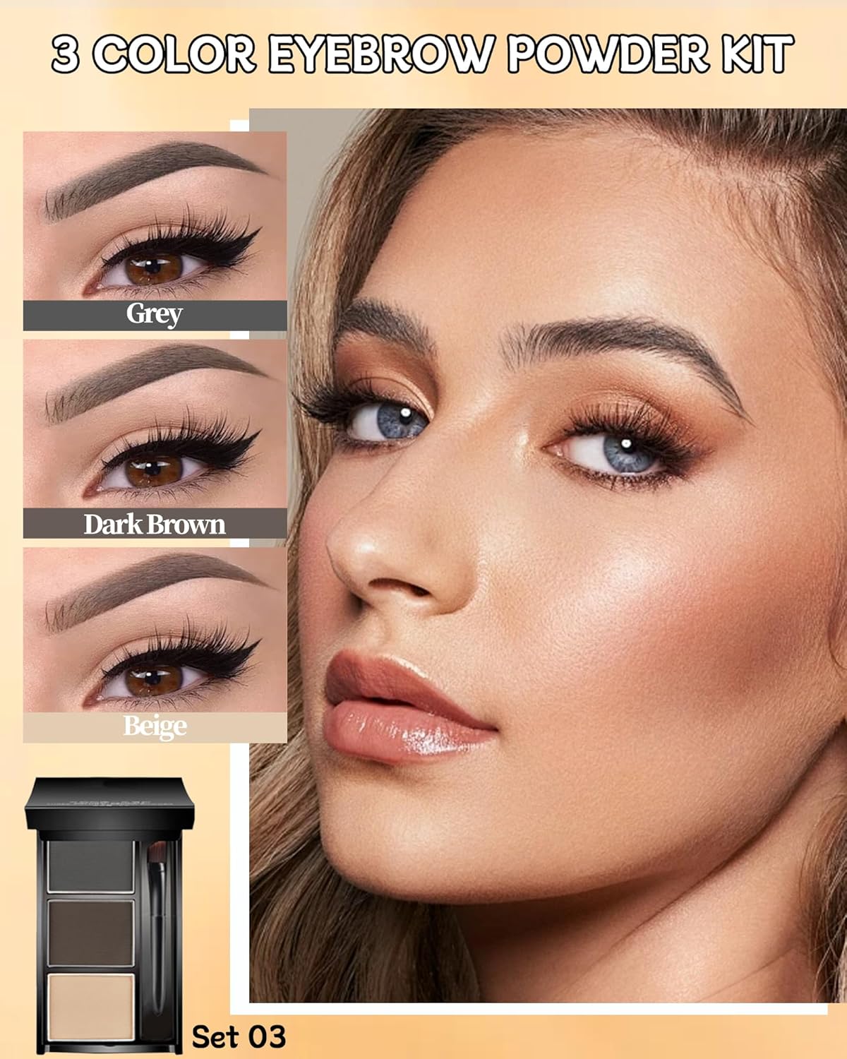 Eyebrow Powder Makeup Kit, 3 in 1 Eyebrow Kit, Brow Powder Palette Waterproof Long-Lasting, Grey