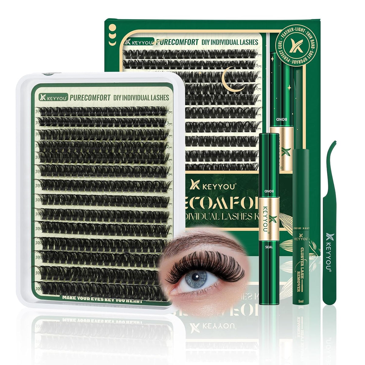 KEYYOU DIY Lash Extension Kit - 280pcs Soft Clusters - 100D Curl - Easy to Apply with Bond, Seal &