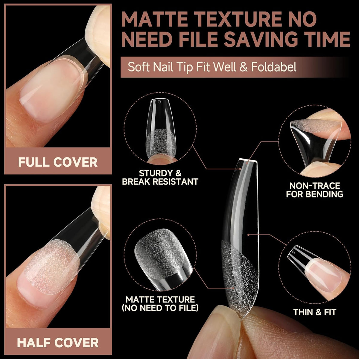UNA GELLA Coffin Nails Tips, 216 PCS Soft Gel Nail Tips Coffin Half Matte Full Cover False Nails