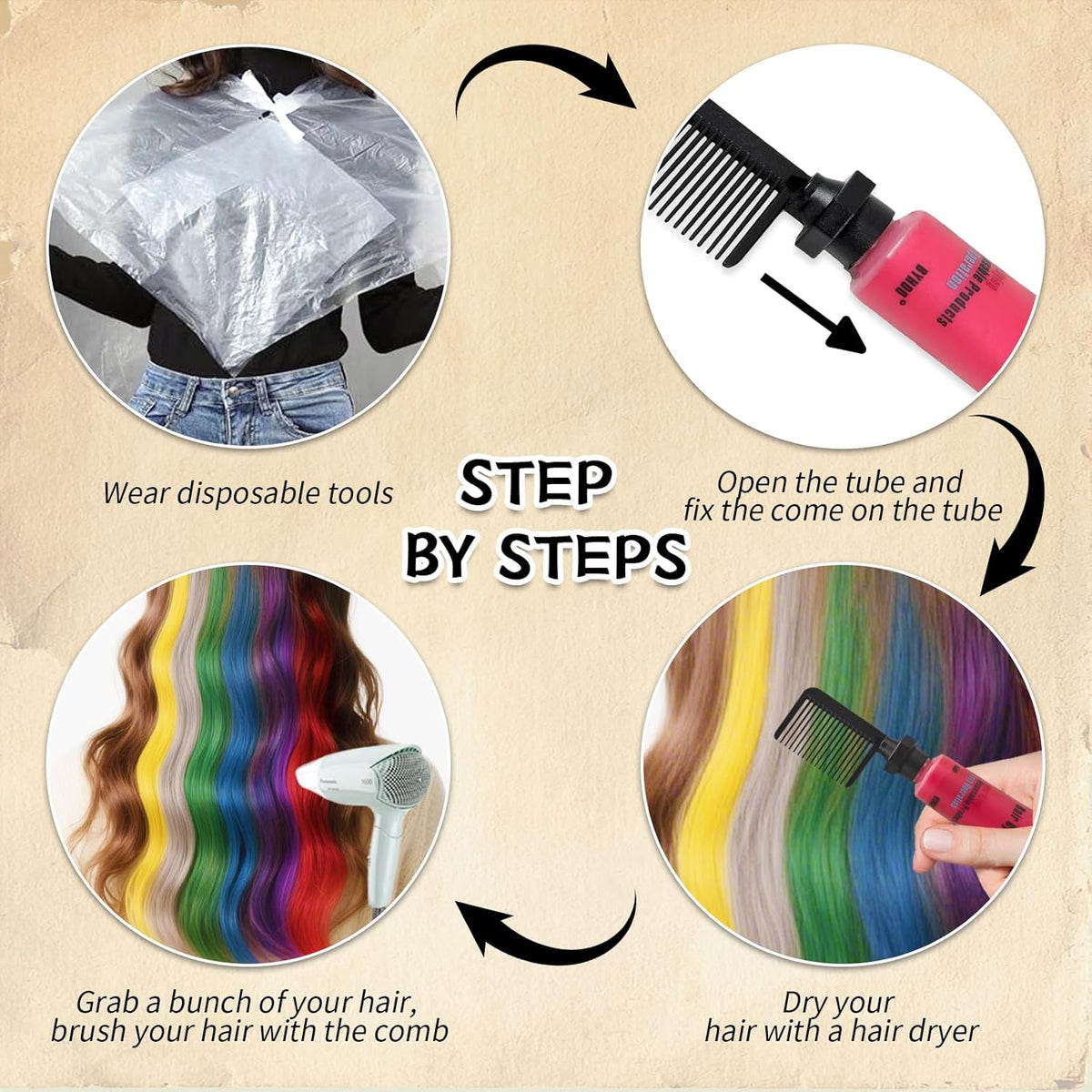 Byhoo 6PCS Temporary Hair Dye for Dark Hair, Hair Chalk for Girls, Kids Hair Dye, Washable Hair