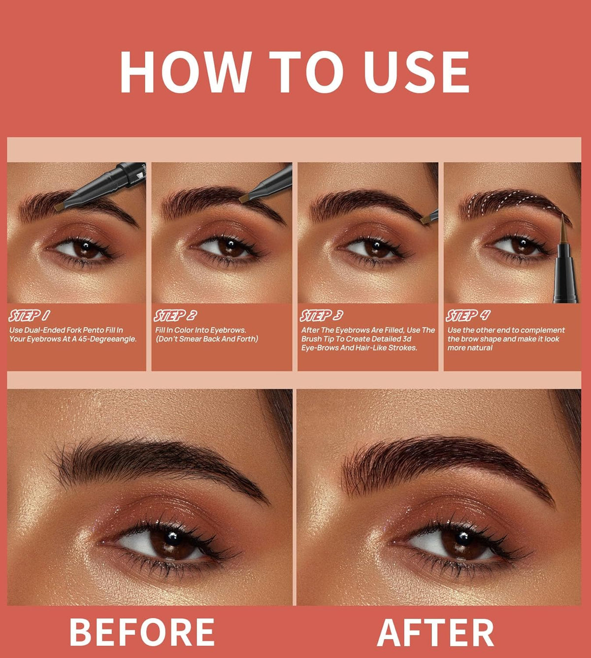 4-Fork Tip Microblading Eyebrow Pen With Brow Gel - 2-in-1 Waterproof Eyebrow Pencil, Long-Lasting