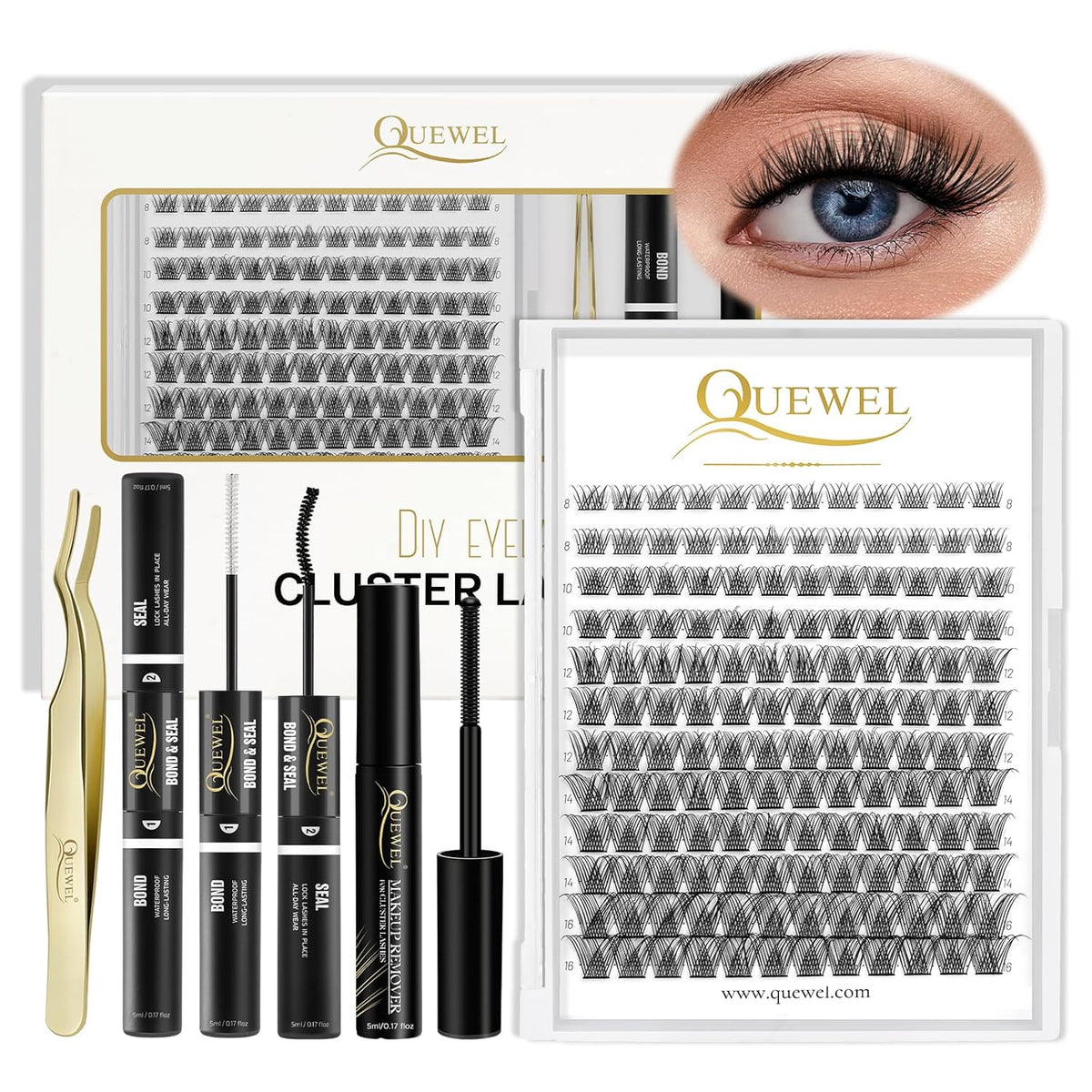 QUEWEL DIY Lash Extensions Kit Lash Clusters 144 Pcs, Cluster Lashes Golden Lashes Tweezers