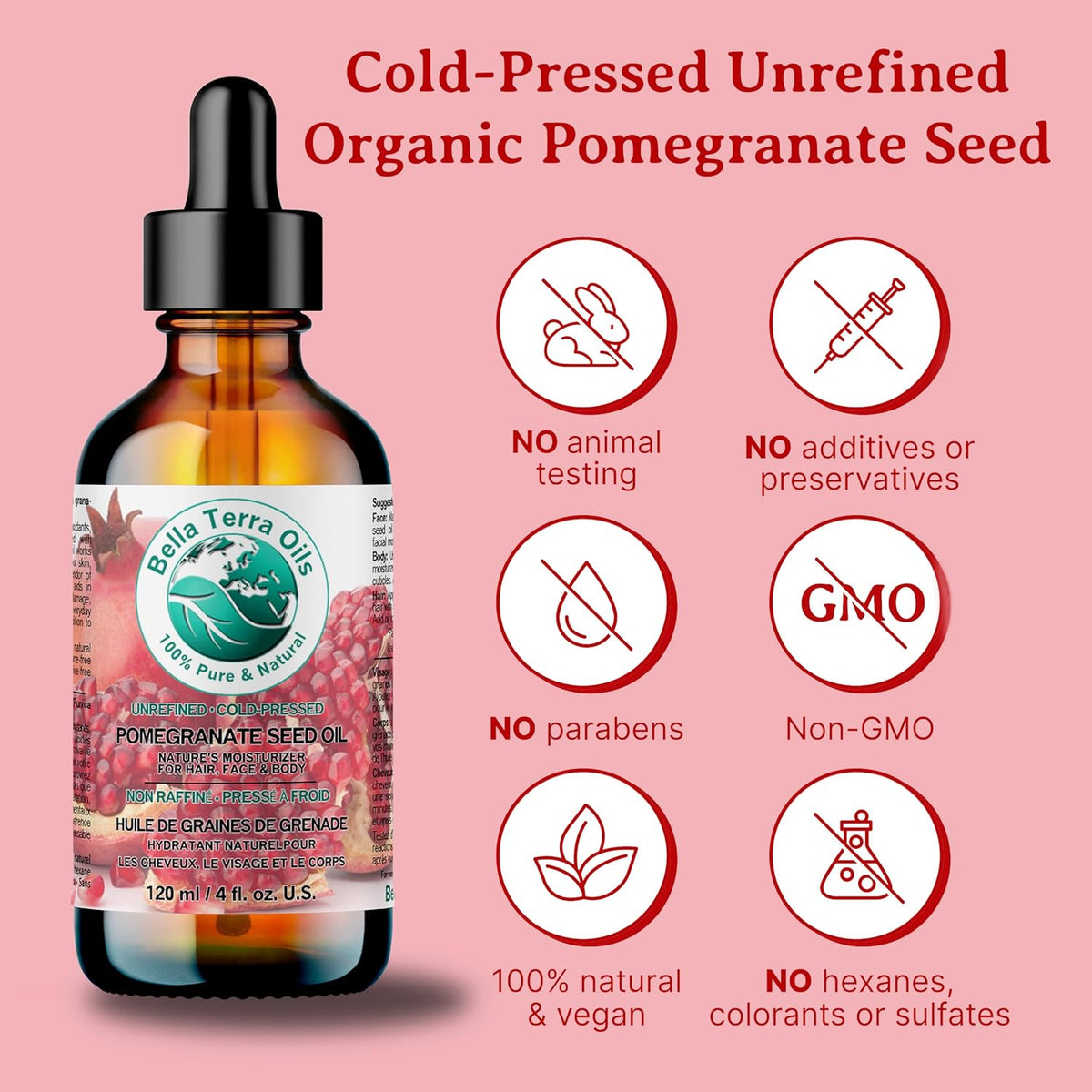 Bella Terra Oils - Organic Pomegranate Seed Oil 8 oz - Rich in Nutrients for Skin Hydration