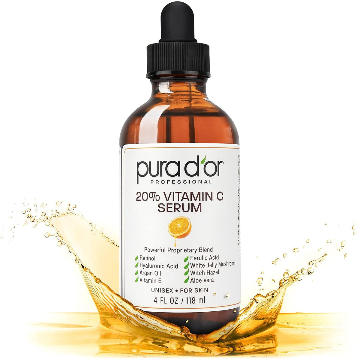 PURA D'OR 20% Vitamin C Serum 4 Oz - Lightweight Maximum Strength Formula - Retinol, Hyaluronic