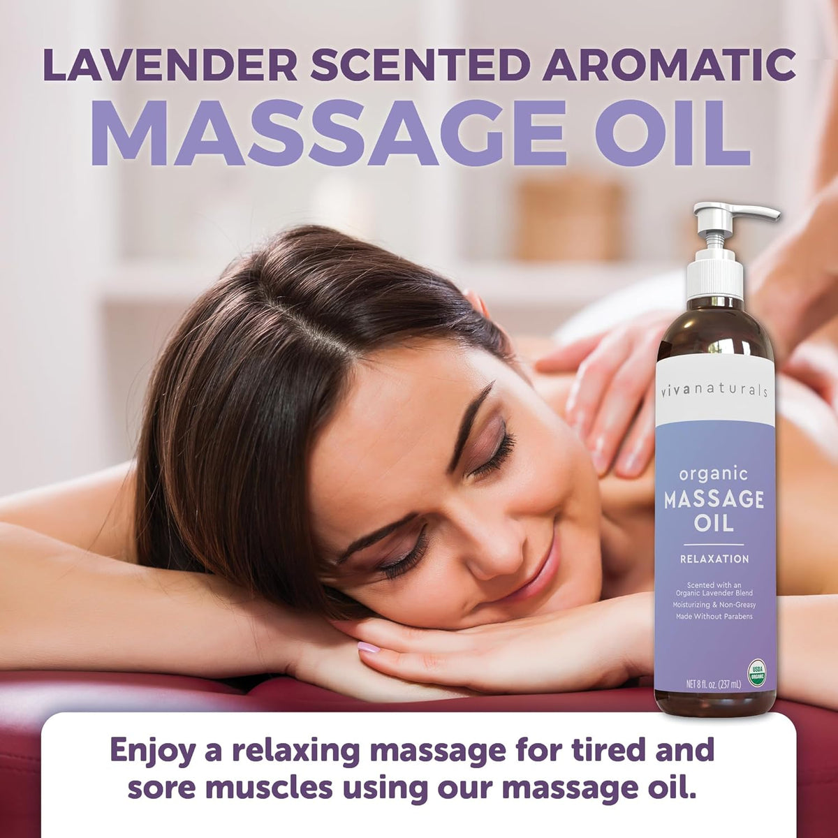 Viva Naturals Organic Massage Oil (8 fl. oz.) - Lavender Scented Non-Greasy Body Massage Oil with