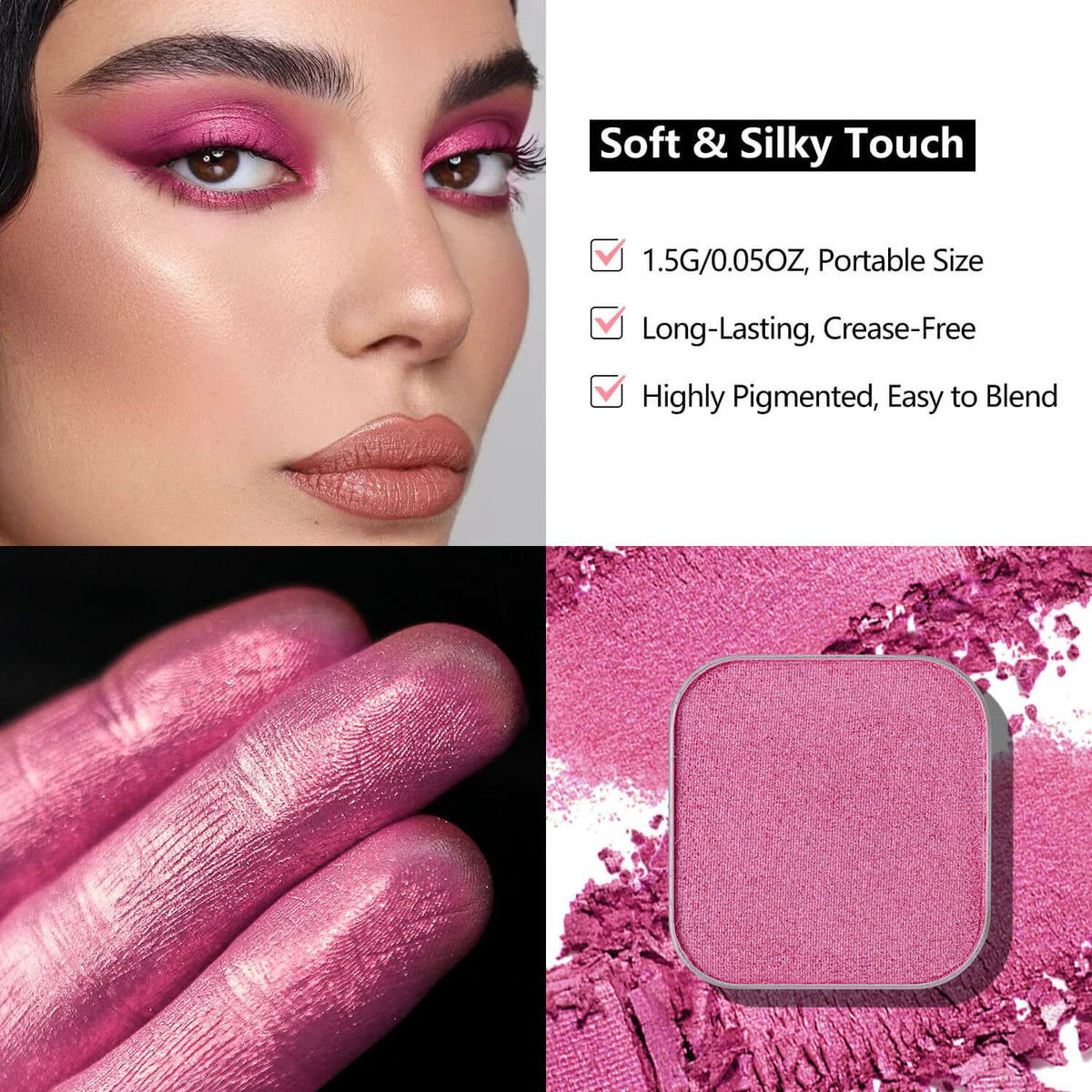 Single Pink Eyeshadow Matte Shimmer Highly Pigmented Blendable Longwear Powder in Magnetic Refill