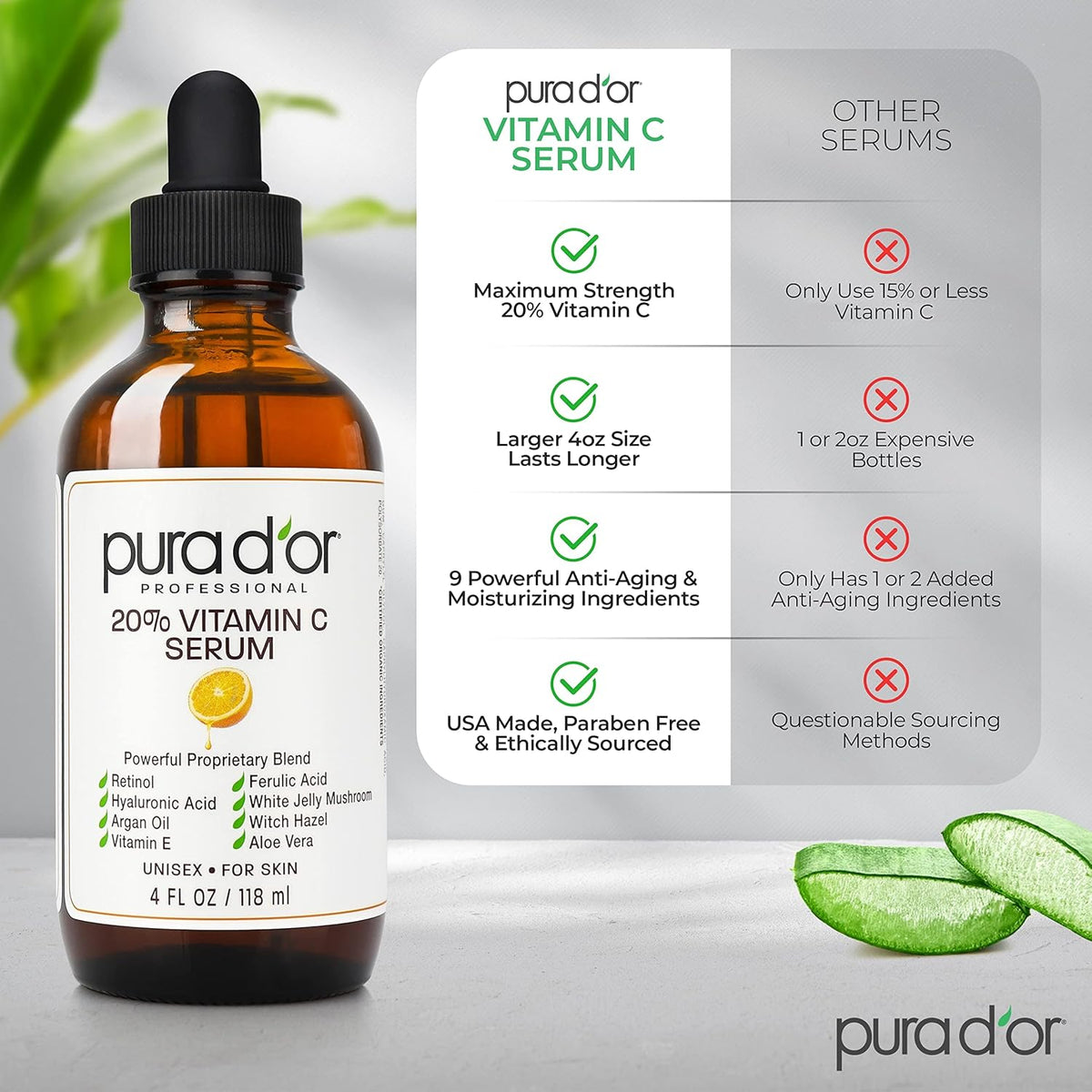 PURA D'OR 20% Vitamin C Serum 4 Oz - Lightweight Maximum Strength Formula - Retinol, Hyaluronic