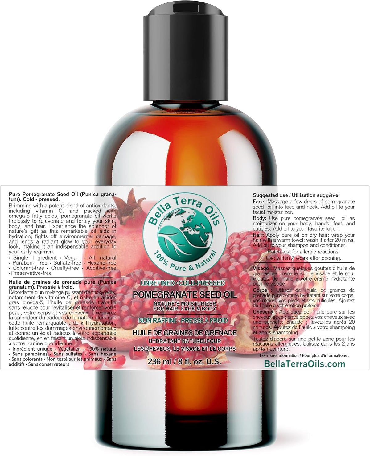 Bella Terra Oils - Organic Pomegranate Seed Oil 8 oz - Rich in Nutrients for Skin Hydration