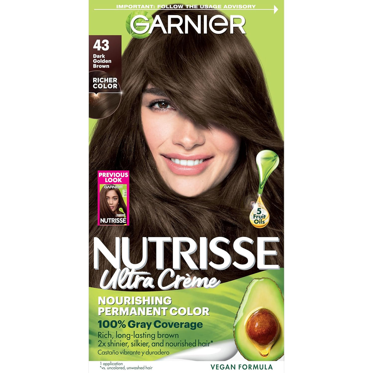 Garnier Hair Color Nutrisse Nourishing Creme, 43 Dark Golden Brown (Cocoa Bean) Permanent Hair Dye