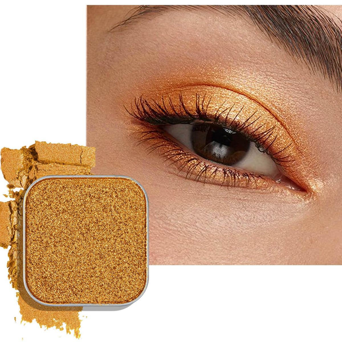 Magnetic single shimmer gold eyeshadow with metal pan, subtle shimmer orange eyeshadow refill pan