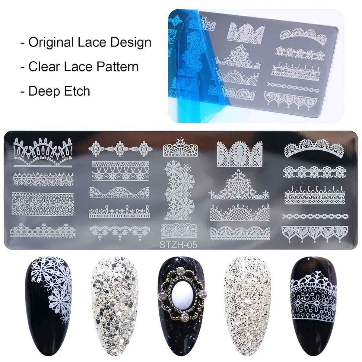 6pcs Lace Flower Design Nail Stamping Plate Kit With French Tip Nail Stamper Kit Ribbon Bow Knot