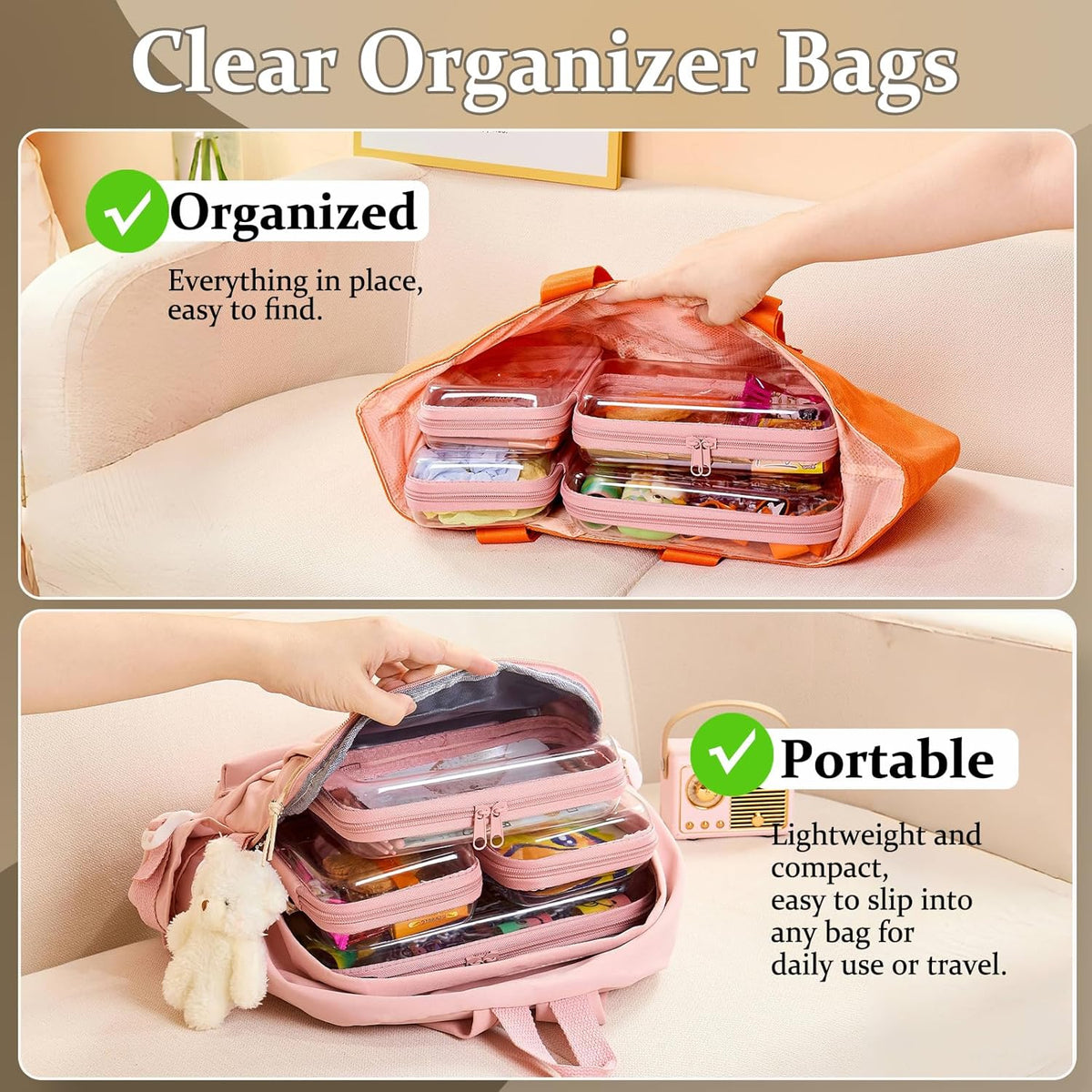 4 pcs Clear Zipper Pouches,Hard Shell Zipper Case, Toiletry Bag for Travel, CLear Diaper Bag