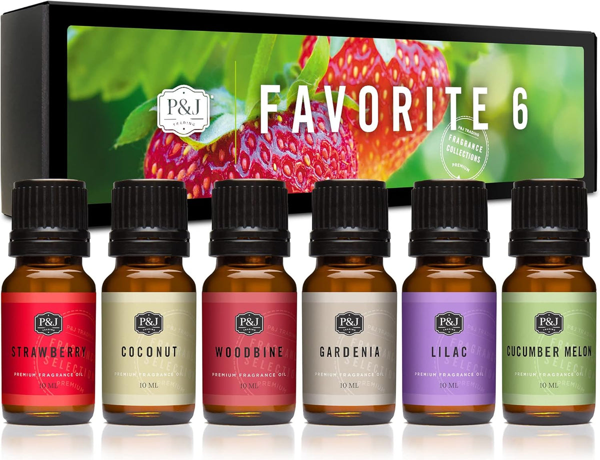 P&J Fragrance Oil Favorites Set | Strawberry, Coconut, Woodbine, Gardenia, Lilac, Cucumber Melon