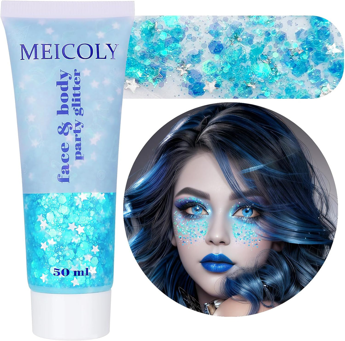 MEICOLY Light Blue Body Glitter,Mermaid Princess Face Glitter Gel,Ice Blue Glitter Face Paint for