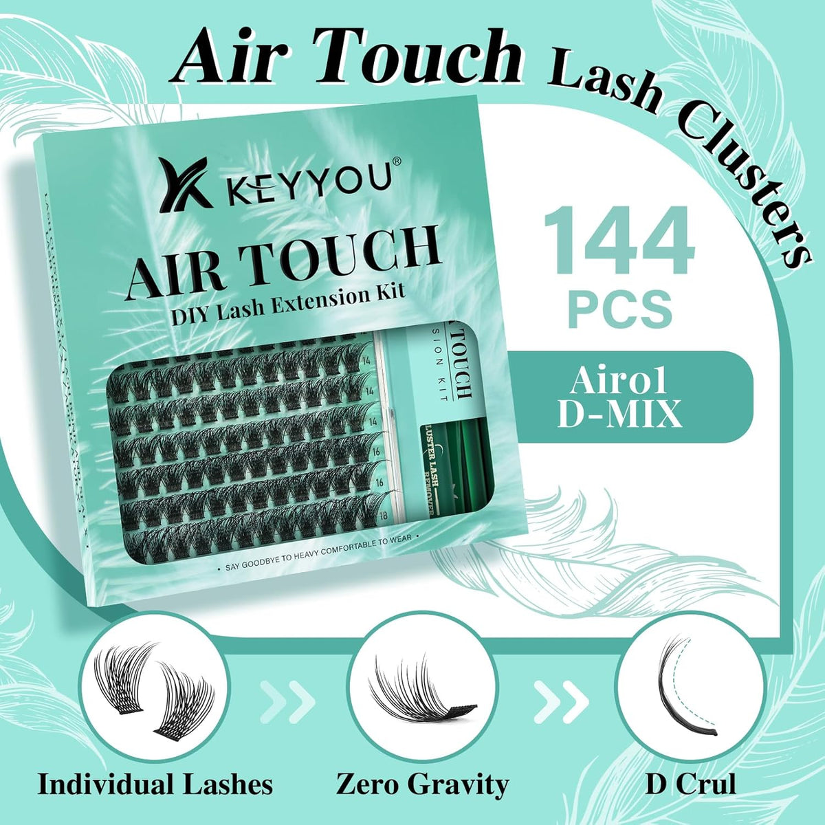 KEYYOU Lash Extension Kit 144pcs Air Touch Lash Clusters with Bond and Seal Lash Applicator Remover