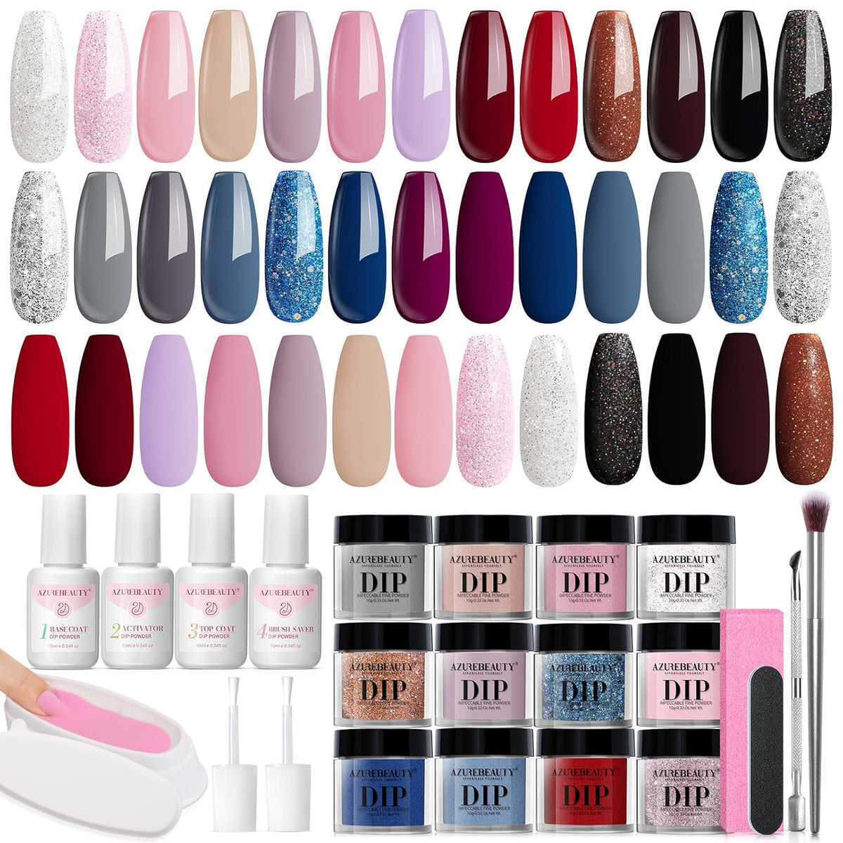 AZUREBEAUTY 31 Pcs Dip Powder Nail Kit Starter, 20 Colors Glitter Nude Pink Gray Red Dip Powder