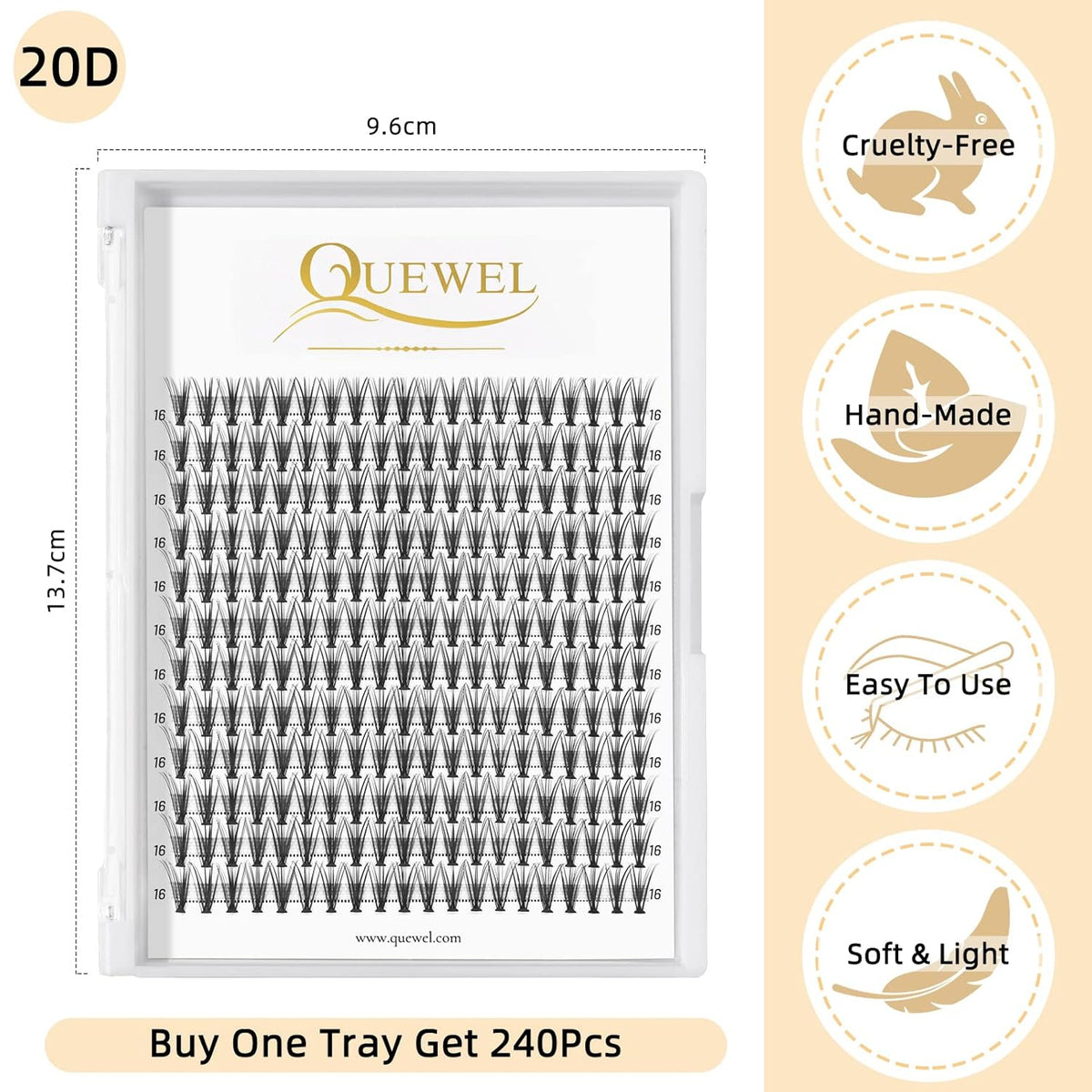QUEWEL Cluster Lashes 240Pcs Individual Lashes 20D 0.07C Curl 16mm Knot-Free Lash Extensions