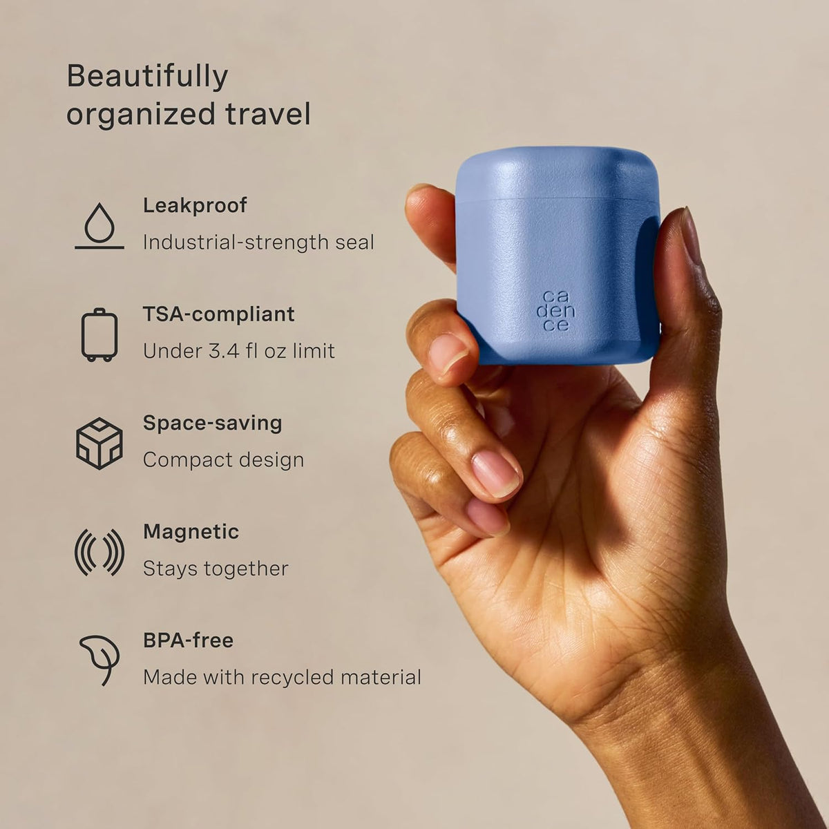 Cadence Travel Containers - Core Skincare Set - Magnetic Containers with Lids,2 Small (0.56oz) & 3