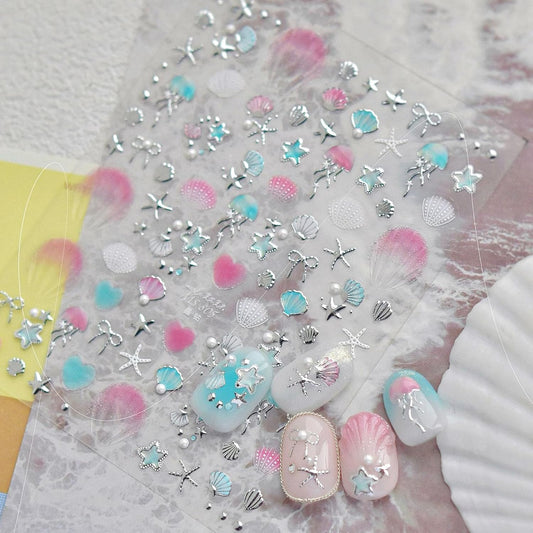 1 Sheets Summer Nail Stickers for Nails Art 5D Embossed Self-Adhesive Shell Starfish Nail Art