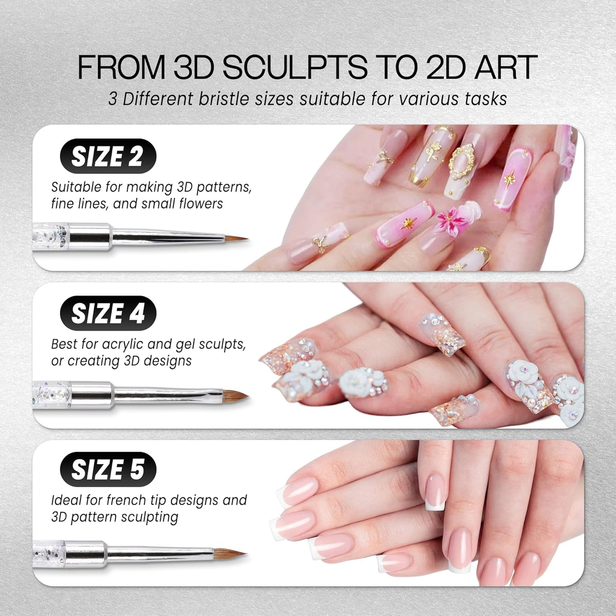 PANA 3D Kolinsky Nail Art Brush - Silver Glitter Handle, Size 5 - Acrylic Nail Art Sculpture Brush