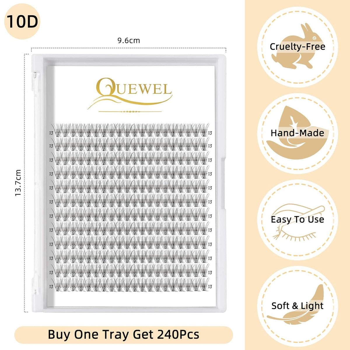 QUEWEL Lash Clusters 240Pcs Individual Lashes 10D 0.10C Curl 13mm Knot-Free Lash Extensions