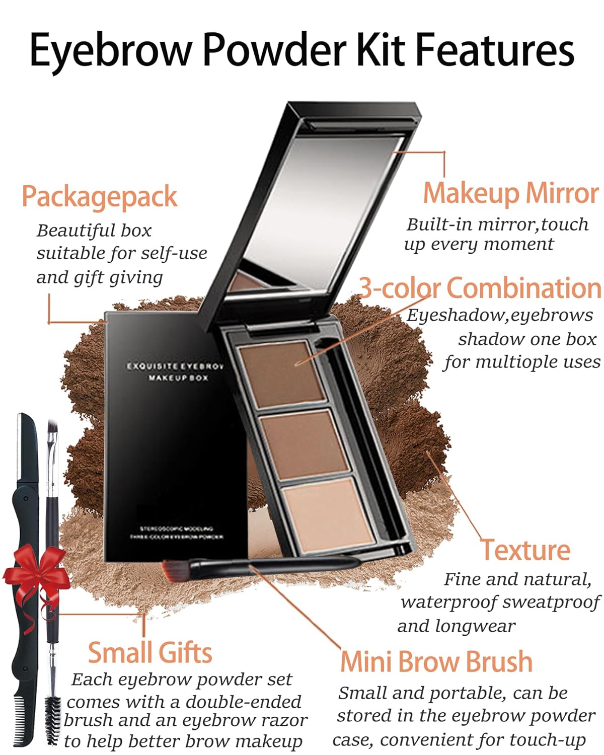Eyebrow Powder Makeup Kit-3 Colors Eye Brow Powder Palette Long-Lasting Waterproof, Grey Brown