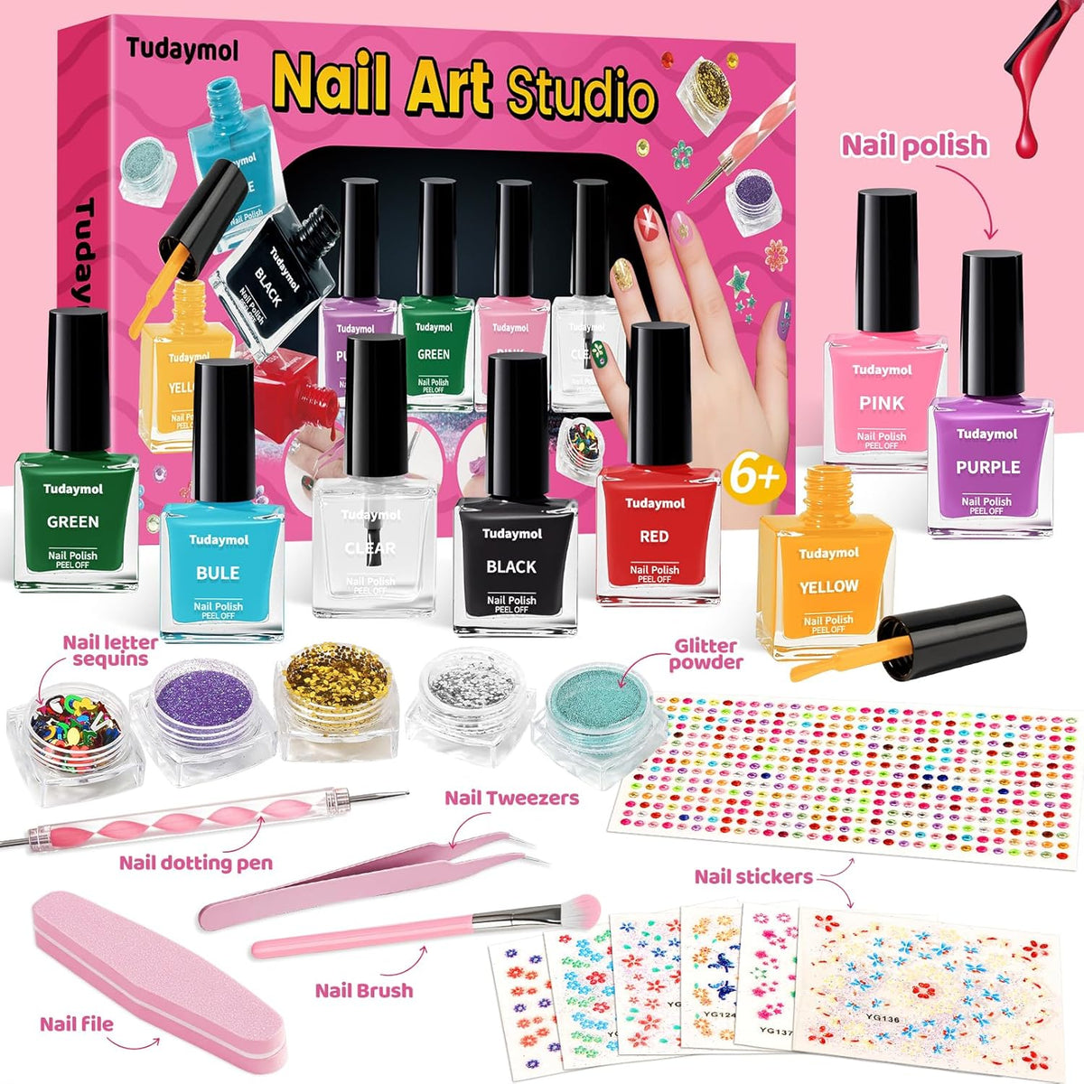 Tudaymol Nail Polish Set for Kids - Water-Based Peelable Polish-8 Colors with Glitter, Gems