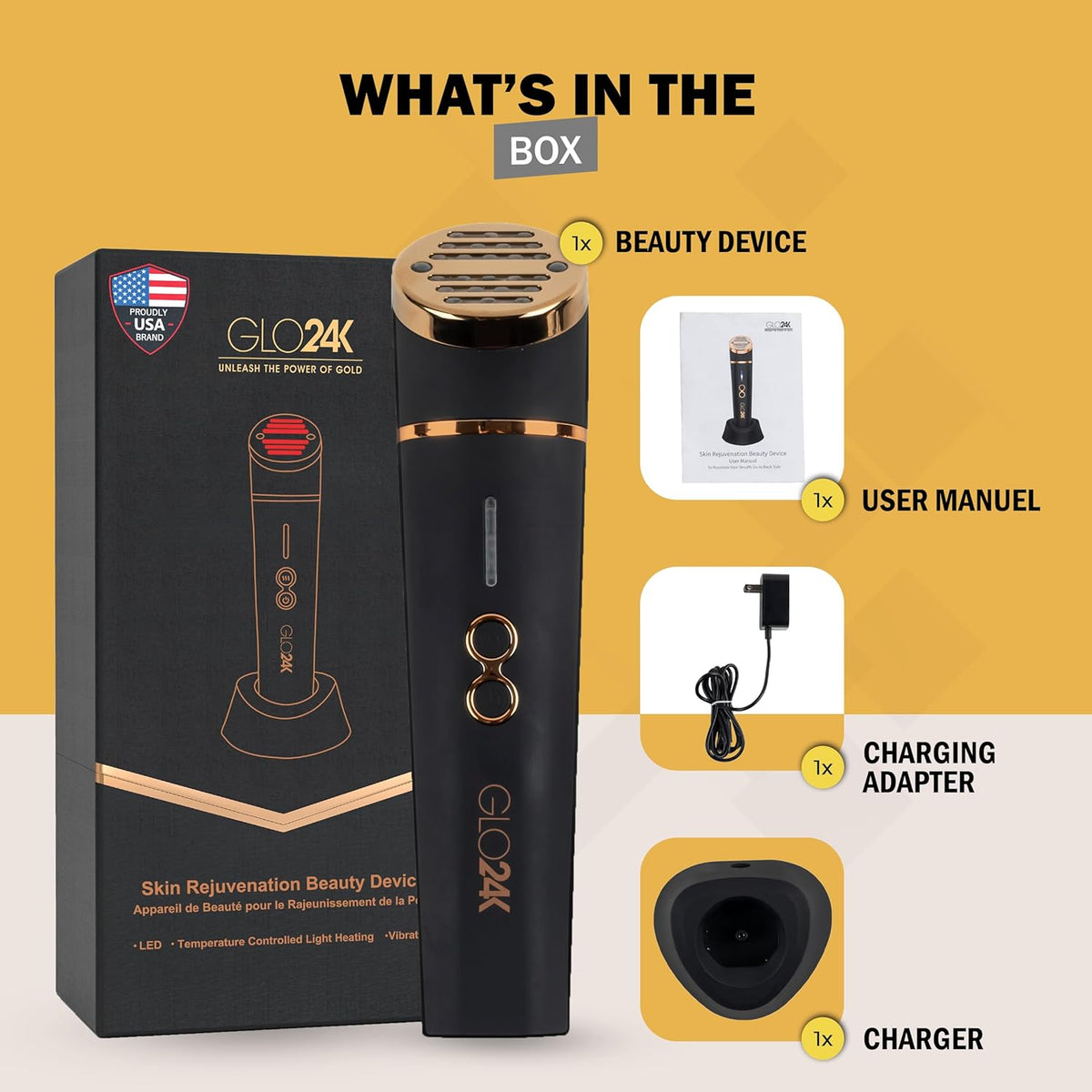 GLO24K Red Light Beauty Device for Face & Neck – 3-in-1 Facial and Neck Massager with Triple LED &