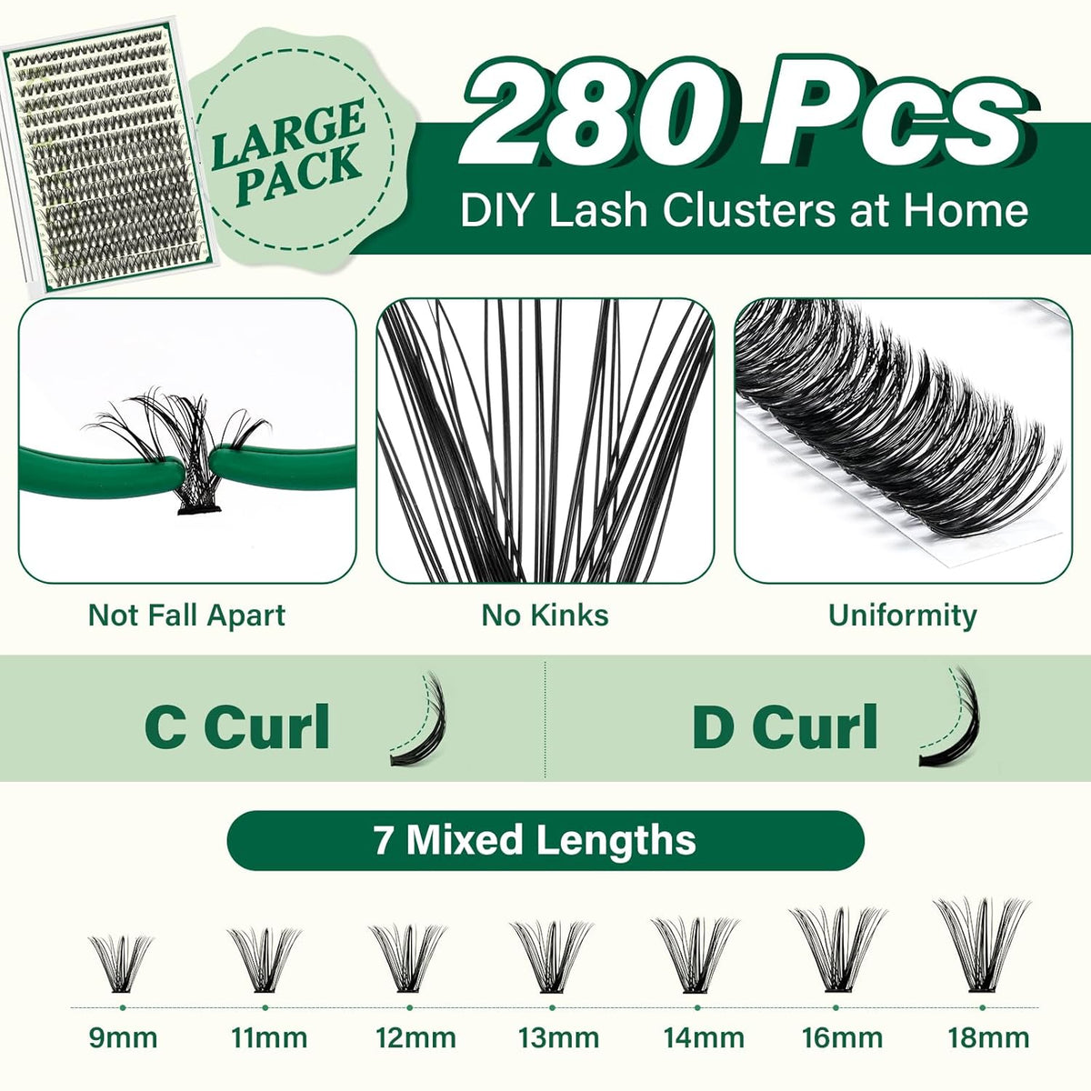 KEYYOU Lash Extension Kit DIY 300Pcs Lash Clusters Eyelash Extension Kit 40D 0.07 D Curl 9-18MIX
