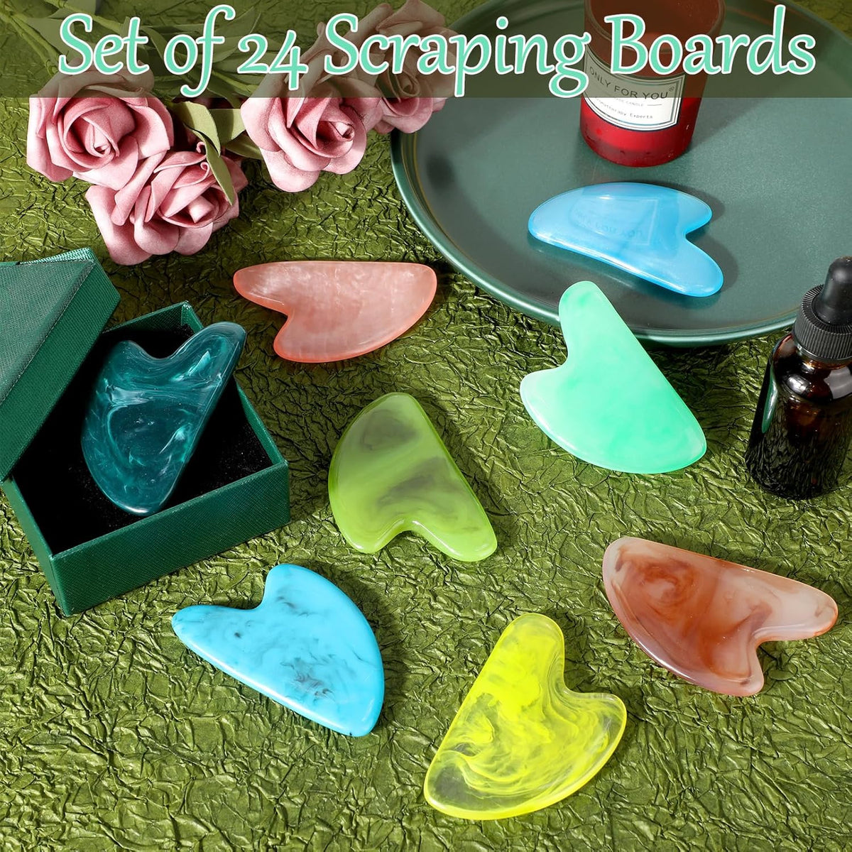 Sherr 24 Pcs Gua Sha Facial Tool Resin Gua Sha Massage Tool Heart Shaped Gua Sha Stone Guasha Board