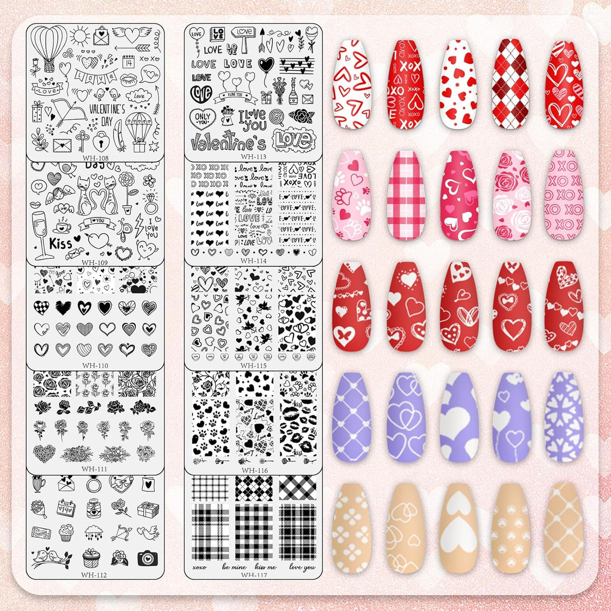 Whaline 10Pcs Valentine's Day Nail Art Stamping Plate Kit Romantic Love Heart Rose Design Nair Art