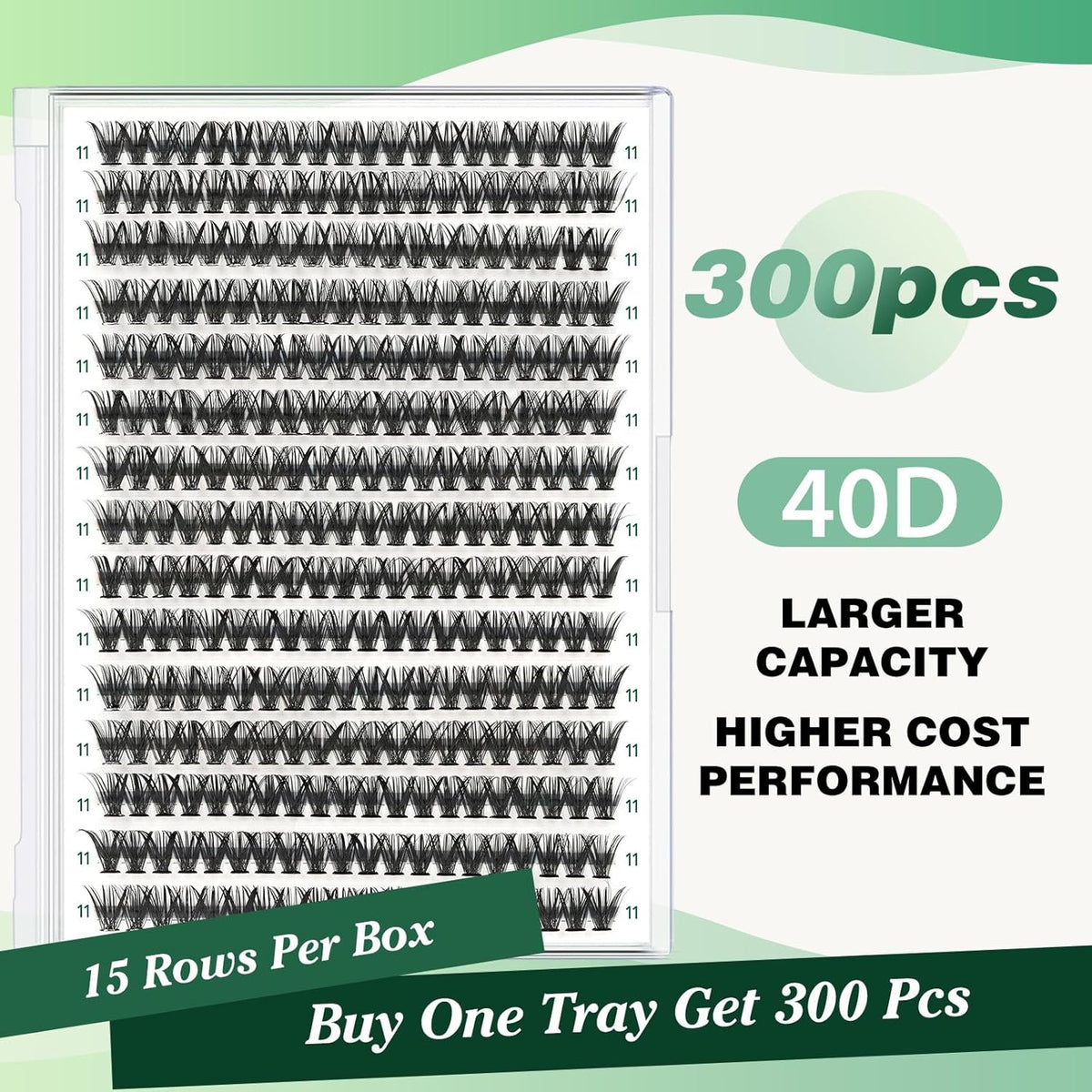 Lash Clusters 300pcs Individual Lashes 40D 0.07C Curl 11mm DIY Eyelash Extension KEYYOU Large Tray