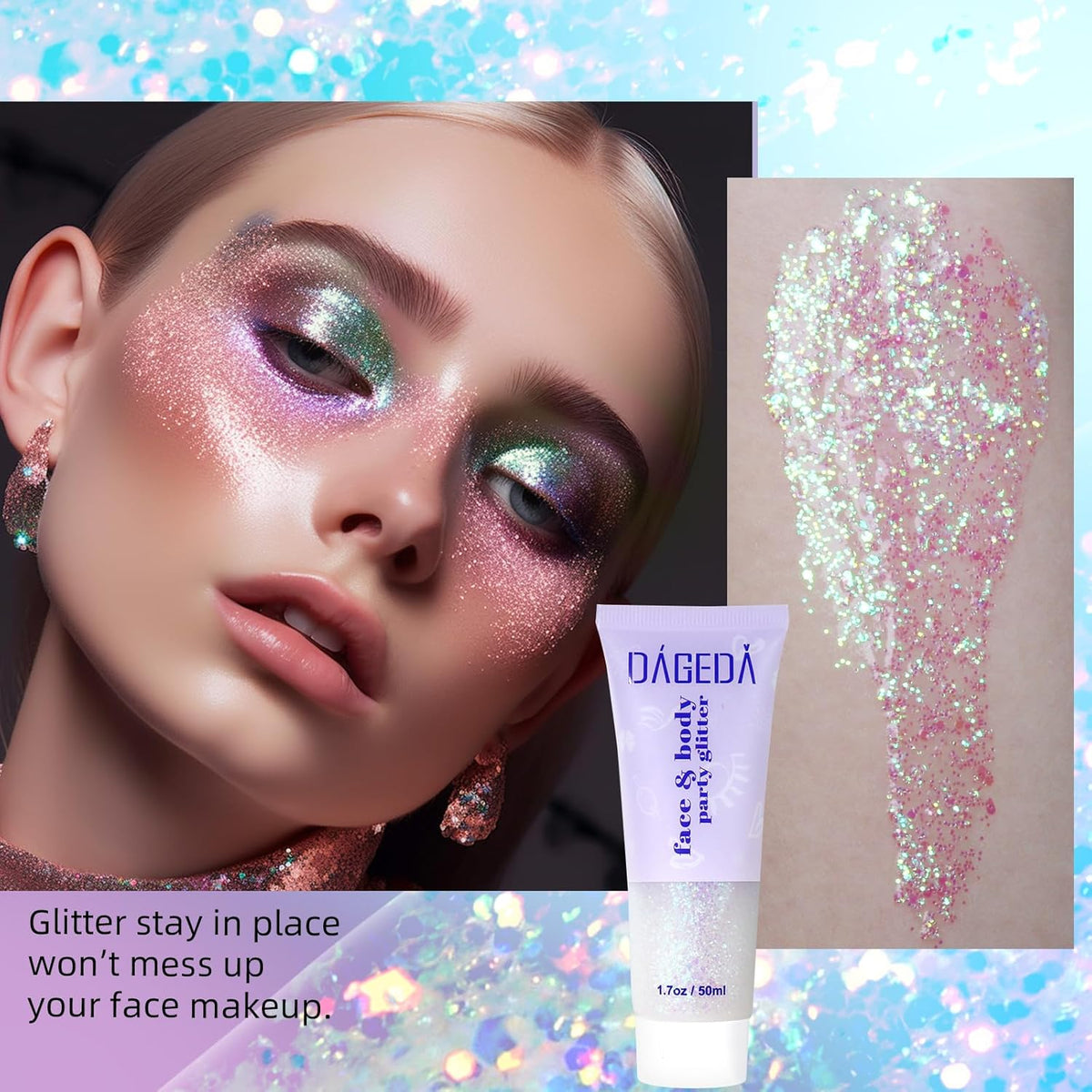 DAGEDA Body Glitter Gel, Holographic Face Glitters Body Gel Shimmer Liquid Eyeshadow, Color