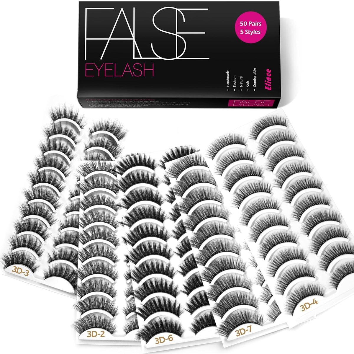 Eliace Eyelashes, (50 Pairs,5 Styles) Luxurious Faux Mink Lashes Natural Look Wispy Fluffy Handmade