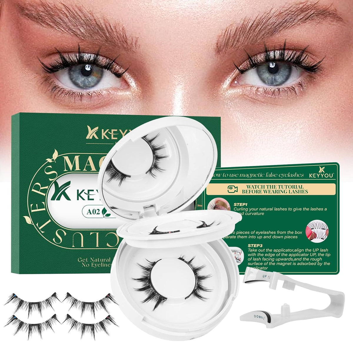 KEYYOU Reusable Magnetic Eyelashes 2 Pair with Applicator No Glue Needed 3D Natural Magnetic