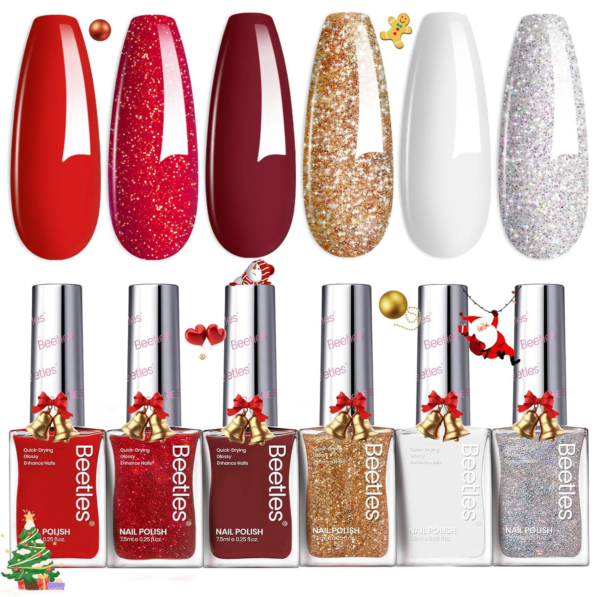 Beetles Red Nail Polish: 6Pcs Glitter Burgundy Red Sparkle Nail Polish Set, Quick Dry & Long