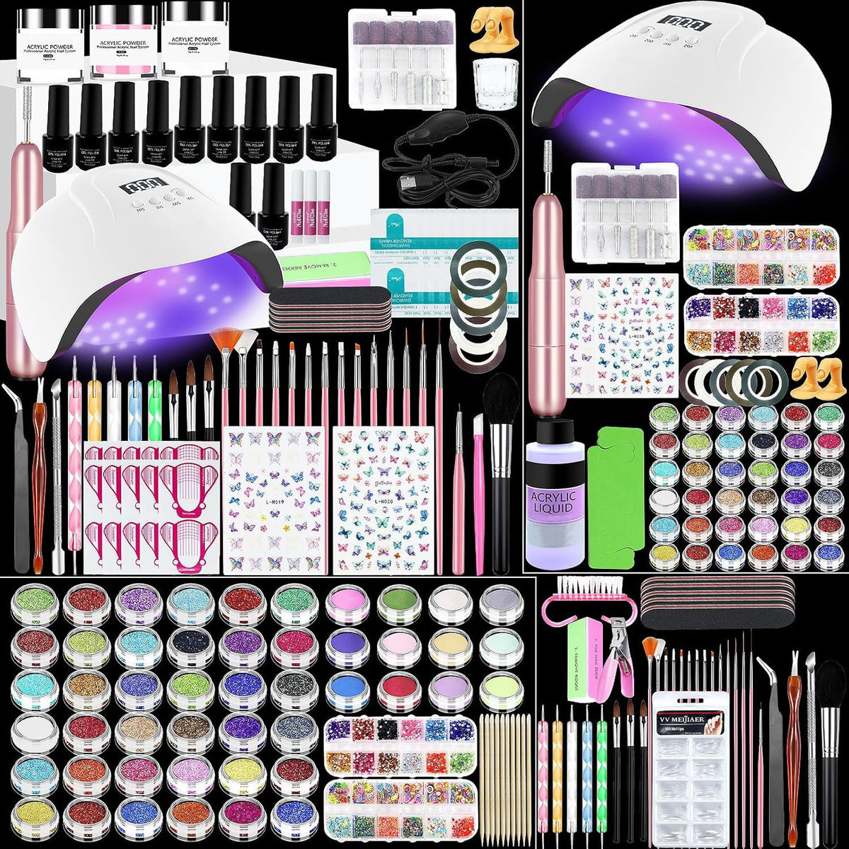 Acrylic Nail Kit, Acrylic Nail Set with Drill and UV Light,Professional Colored Acrylic Nail Powder