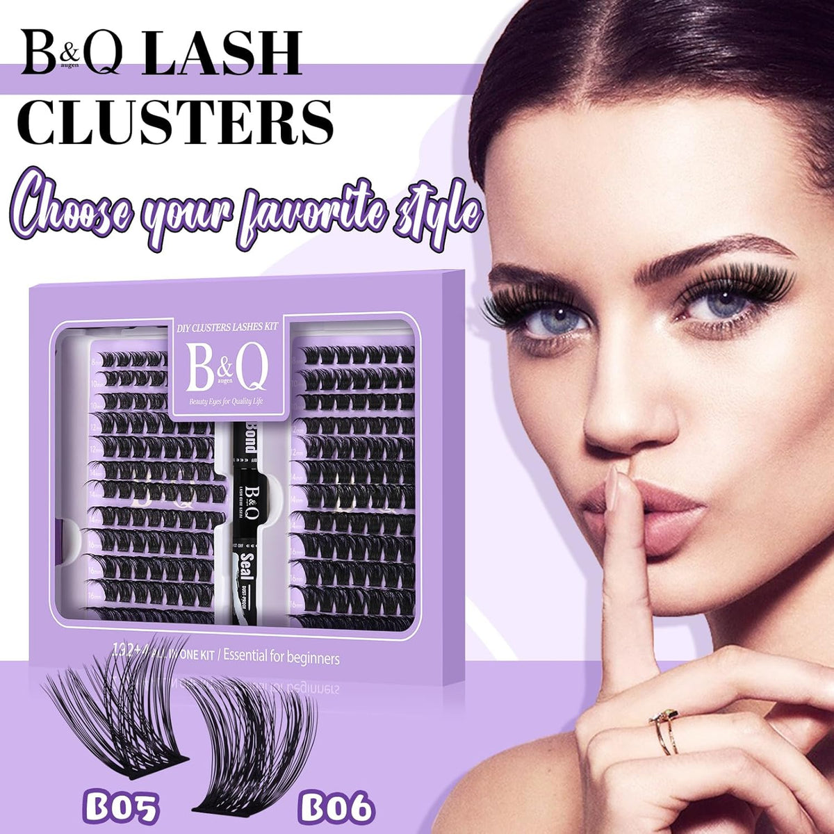 B&Qaugen Lash Extension Kit 192 PCS Eyelash Extension Kit D Curl Lash Clusters Kit Wispy Individual