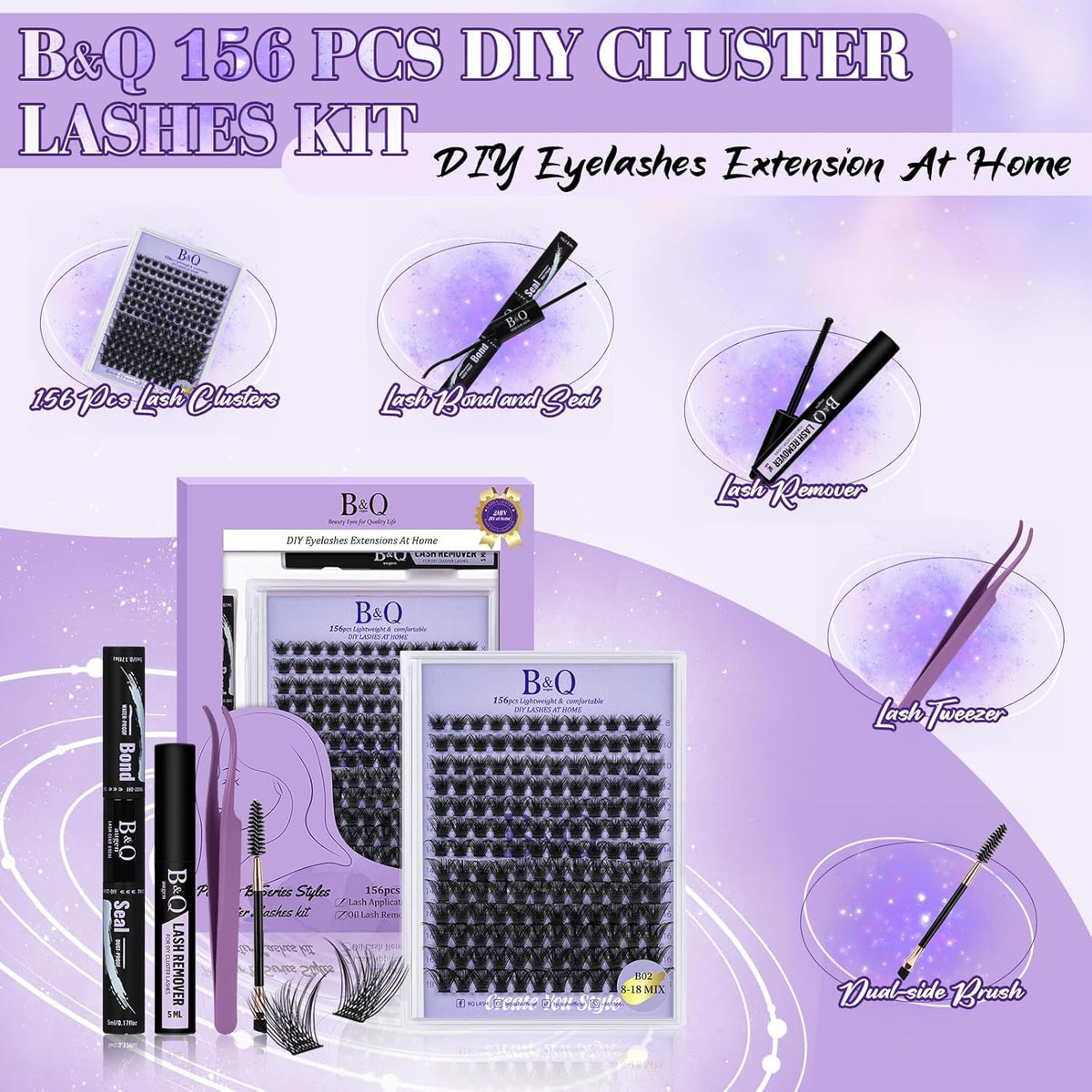 Lash Extension Kit B02 Eyelash Extension Kit B&Qaugen DIY Lash Extension Kit 156 PCS Lash Clusters